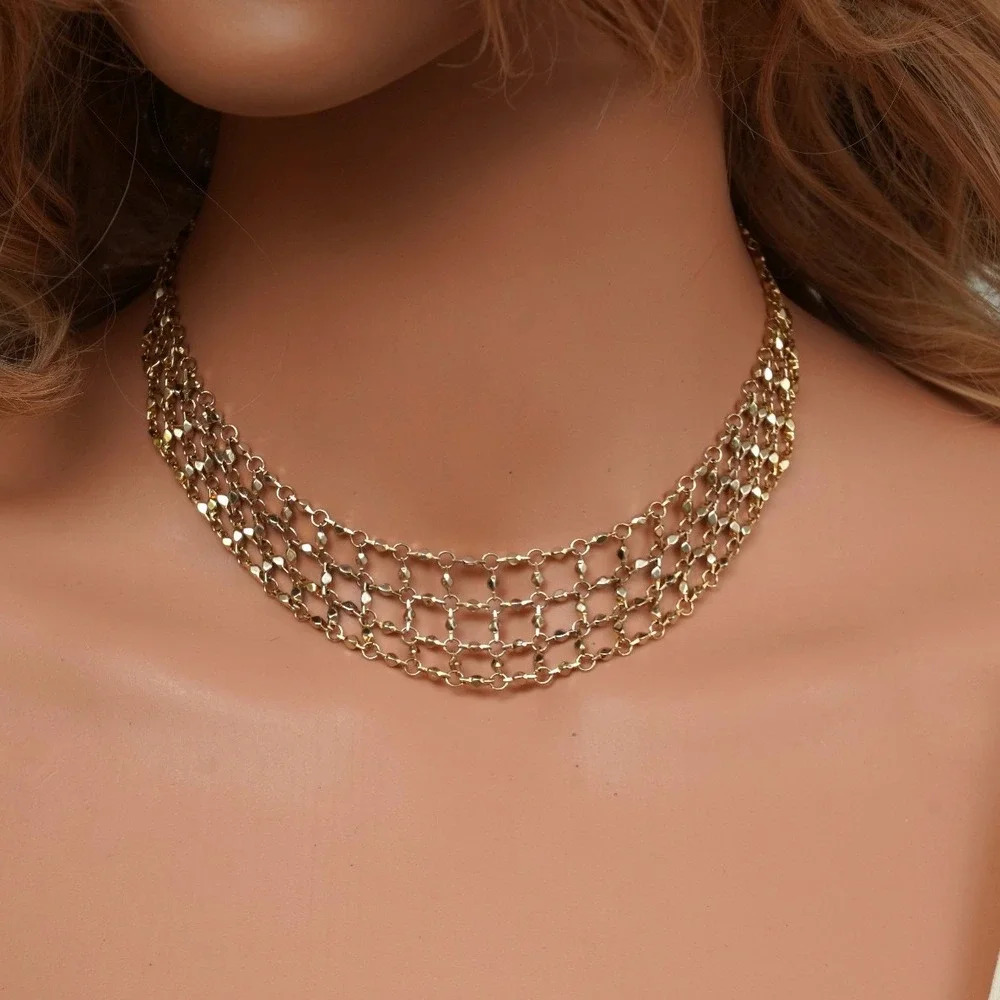 Gold Tone Multi Strand Mesh Bib‎ Necklace Adjustable Lattice Collar Statement